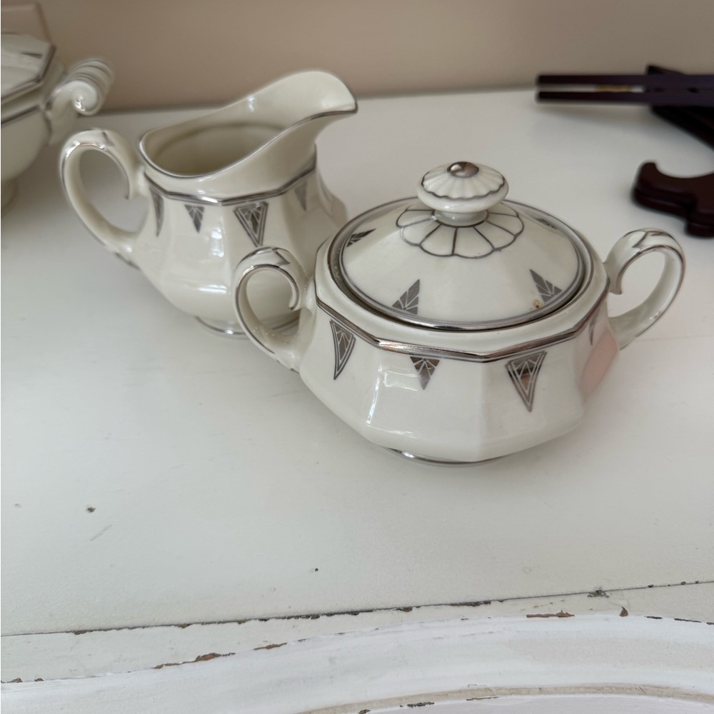 Community Deauville Bavaria Art Deco Creamer & Lidded Sugar Bowl Platinum Trim